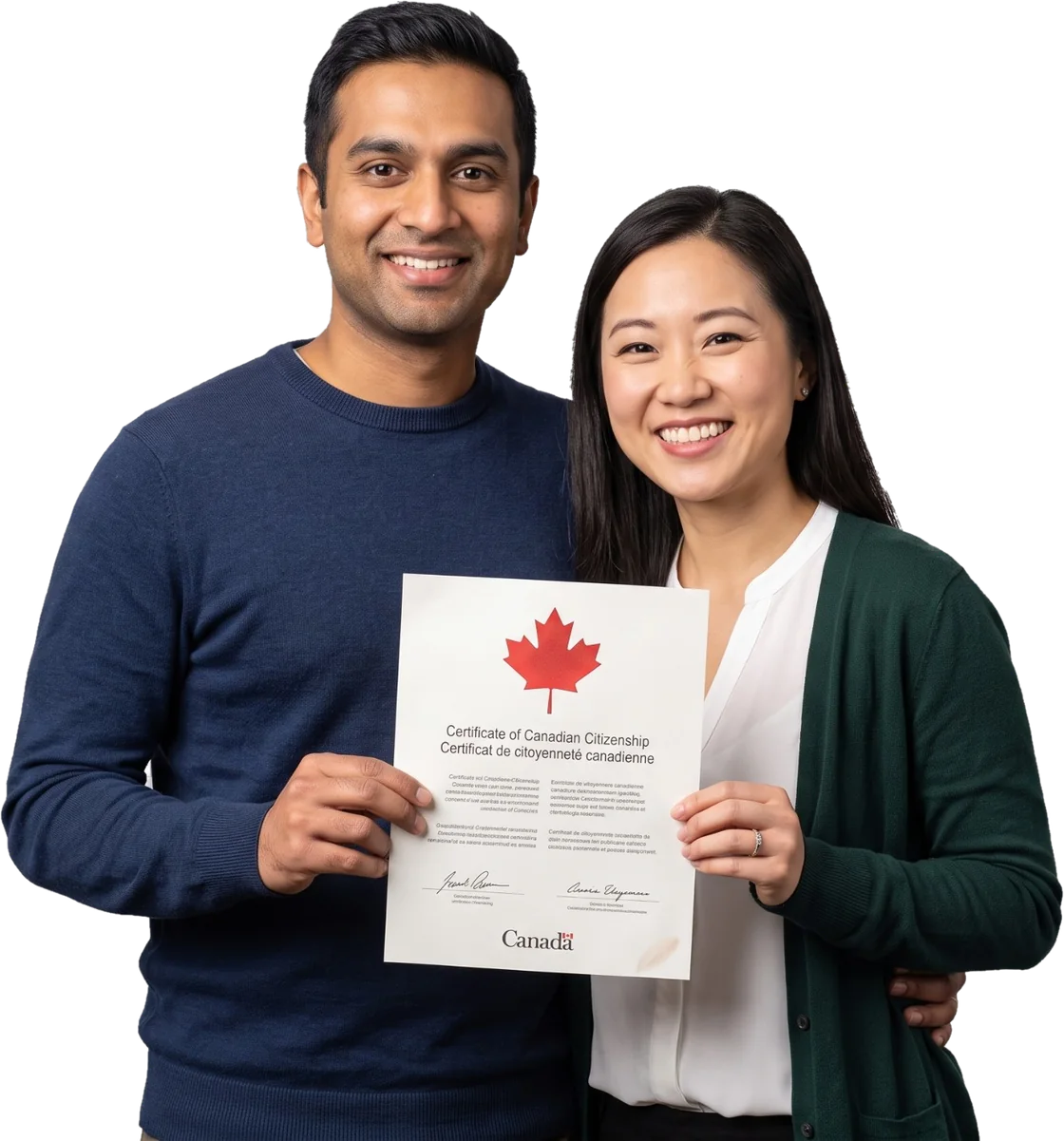 Two people smiling and holding a Canadian citizenship certificate.